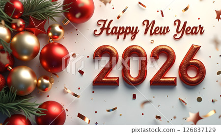 Festive Happy New Year 2026 Celebration with Golden and Red Ornaments Design 126837129