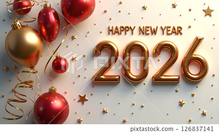 Elegant Happy New Year 2026 Celebration with Golden Ornaments and Confetti Stars Elegant Happy New Year 2026 Celebration with Golden Ornaments and Confetti Stars 126837141
