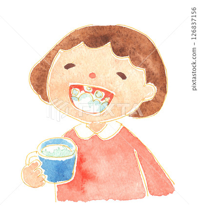 Watercolor style illustration of a girl gargling Childcare and educational materials 126837156