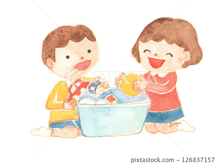 Watercolor style illustration of a child putting away toys Childcare and educational materials 126837157