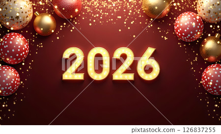 Festive 2026 New Year Celebration with Golden Numbers and Decorative Ornaments 126837255