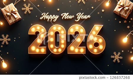 Festive Happy New Year 2026 Celebration with Golden Lights and Decorations Festive Happy New Year 2026 Celebration with Golden Lights and Decorations 126837268