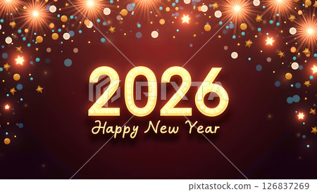 Festive 2026 New Year Celebration with Sparkling Decorations on a Red Background 126837269