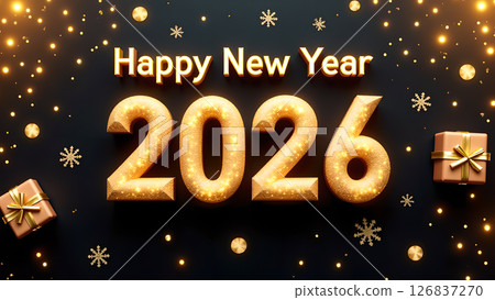 Golden Happy New Year 2026 Celebration with Sparkling Lights and Gift Boxes Golden Happy New Year 2026 Celebration with Sparkling Lights and Gift Boxes 126837270
