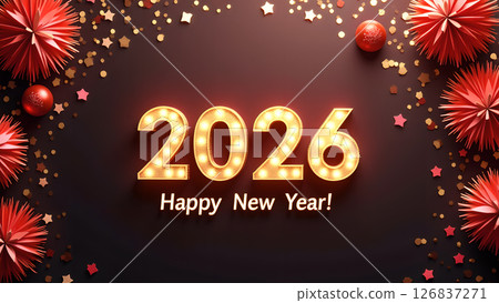 Elegant new year 2026 celebration with sparkling lights and festive decorations Elegant new year 2026 celebration with sparkling lights and festive decorations 126837271