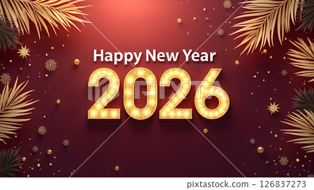 Festive Happy New Year 2026 illustration with golden decorations and elegant design Festive Happy New Year 2026 illustration with golden decorations and elegant design 126837273