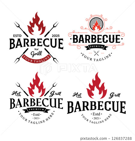 Simple Barbecue Vintage hot grill, with crossed flames and spatula. Logo for restaurant, badge, cafe and bar.vector Simple Barbecue Vintage hot grill, with crossed flames and spatula. Logo for restaurant, badge, cafe and bar.vector 126837288