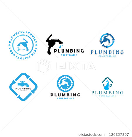 Plumbing logo vector design template. water pipe logo design.Leaking water logotype,Design Concept, Creative Symbol, Icon 126837297