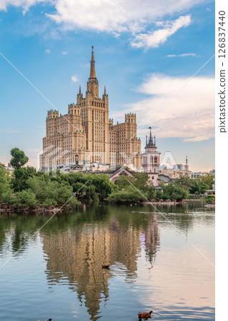 The view on the residential Stalinist high-rise building on Kudrinskaya Square. It is the one of seven Stalinist skyscrapers built in 1947-1954. 126837440