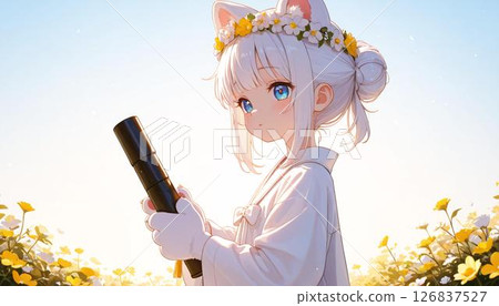 Anime Girl Graduate in White Gown in Golden Field with Diploma 126837527