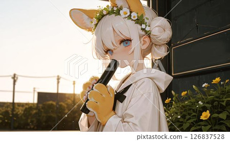 Anime Girl Graduate with Cat Ears in Golden Hour Light with Diploma 126837528