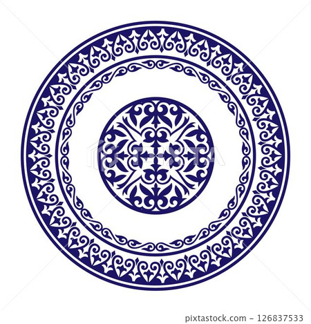 Round Blue frame with large pattern in center. Ornamental elements, motifs of Kazakh, Kyrgyz, Uzbek. Round frame. Turkic ornament. For ceramic, textile, print design, embroidery, sandblaster, laser 126837533