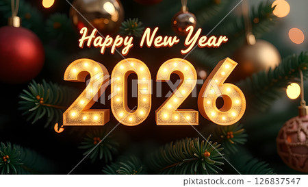 Festive Happy New Year 2026 Celebration with Ornament Decorated Christmas Tree Festive Happy New Year 2026 Celebration with Ornament Decorated Christmas Tree 126837547