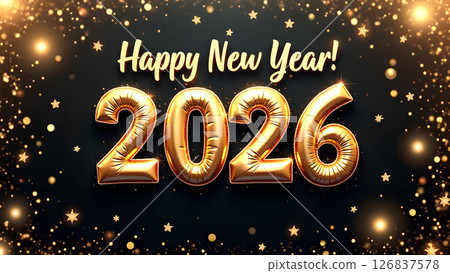 Festive 2026 New Year Celebration Background with Gold Balloons and Sparkling Lights 126837578