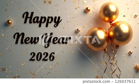 Elegant Happy New Year 2026 Celebration with Golden Balloons and Glittering Confetti 126837611