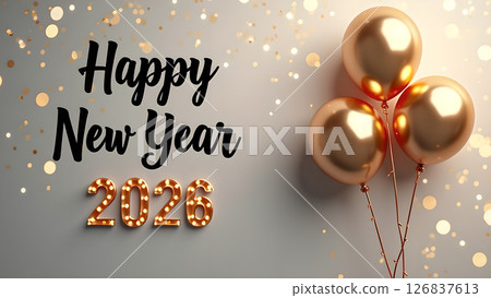 Elegant Happy New Year 2026 Celebration with Golden Balloons and Festive Bokeh 126837613