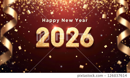 Elegant Happy New Year 2026 Celebration with Golden Confetti and Ribbons Elegant Happy New Year 2026 Celebration with Golden Confetti and Ribbons 126837614