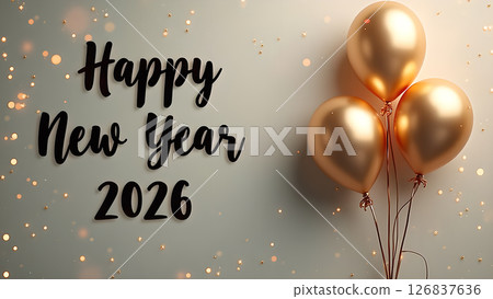 Elegant Happy New Year 2026 Celebration with Gold Balloons and Festive Bokeh Elegant Happy New Year 2026 Celebration with Gold Balloons and Festive Bokeh 126837636