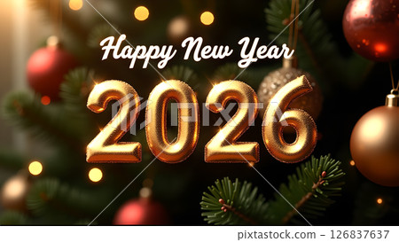Festive Happy New Year 2026 greeting card with golden numbers and ornaments Festive Happy New Year 2026 greeting card with golden numbers and ornaments 126837637
