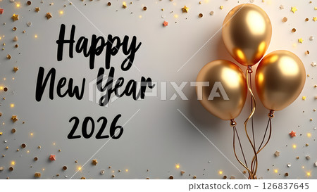 Festive Happy New Year 2026 Celebration with Golden Balloons and Confetti 126837645