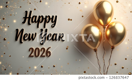 Elegant Happy New Year 2026 Celebration with Golden Balloons and Festive Sparkles 126837647