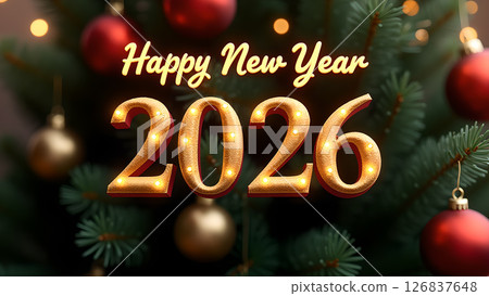 Festive Happy New Year 2026 Celebration with Christmas Tree Decorations 126837648