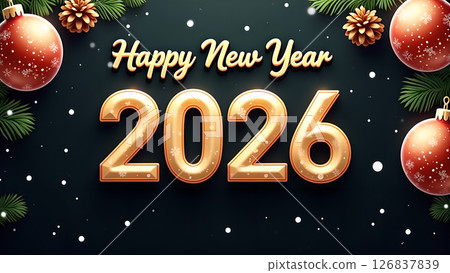 Festive Happy New Year 2026 Celebration with Golden Numbers and Holiday Ornaments Festive Happy New Year 2026 Celebration with Golden Numbers and Holiday Ornaments 126837839