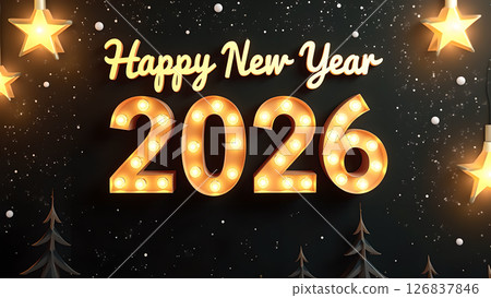 Festive Happy New Year 2026 Celebration with Glowing Stars and Light Bulbs 126837846