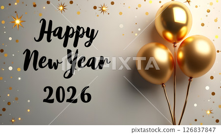 Elegant Happy New Year 2026 Celebration with Golden Balloons and Glittering Confetti 126837847