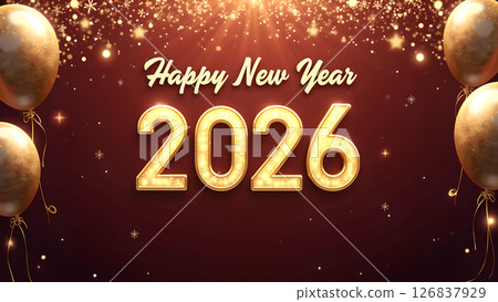 Festive golden balloons and glowing 2026 numerals heralding a happy new year celebration 126837929