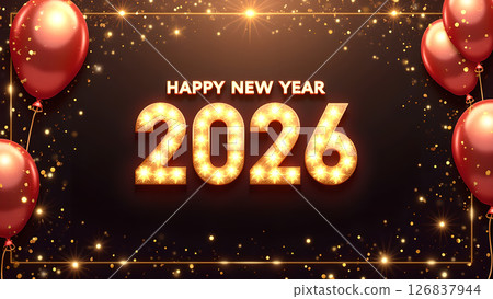 Elegant 2026 New Year Celebration Design with Festive Balloons and Golden Lights Elegant 2026 New Year Celebration Design with Festive Balloons and Golden Lights 126837944