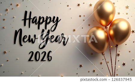 Elegant Happy New Year 2026 Celebration with Golden Balloons and Confetti Elegant Happy New Year 2026 Celebration with Golden Balloons and Confetti 126837945