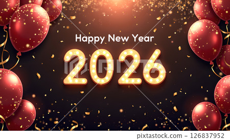 Festive New Year 2026 Celebration with Balloons and Confetti Background 126837952