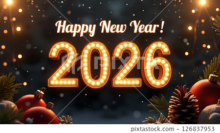Festive Happy New Year 2026 Celebration with Glowing Lights and Decorations 126837953