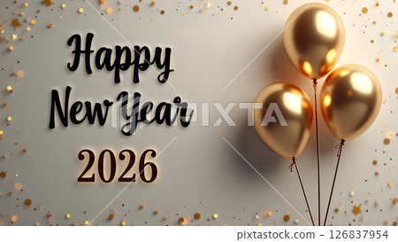 Elegant Happy New Year 2026 Celebration with Golden Balloons and Glitter Confetti 126837954