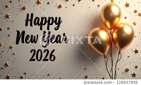 Elegant happy new year 2026 illustration with golden balloons and stars Elegant happy new year 2026 illustration with golden balloons and stars 126837956