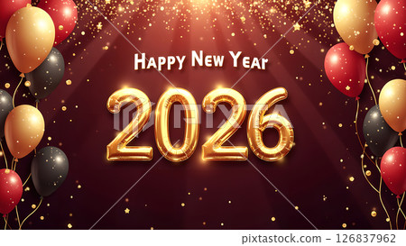 Festive Happy New Year 2026 celebration background with golden balloon numbers and confetti Festive Happy New Year 2026 celebration background with golden balloon numbers and confetti 126837962