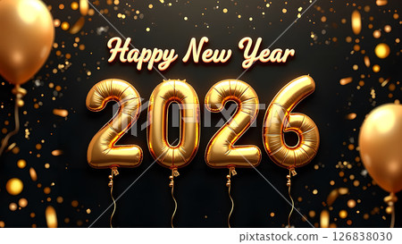 Festive 2026 New Year Celebration with Golden Balloons and Confetti on Black Backdrop 126838030