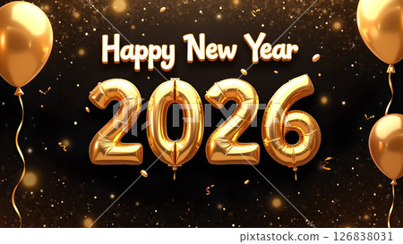 Festive 2026 Happy New Year Celebration with Golden Balloons and Sparkling Confetti 126838031