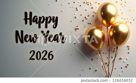 Elegant Happy New Year 2026 Celebration with Golden Balloons and Confetti Design Elegant Happy New Year 2026 Celebration with Golden Balloons and Confetti Design 126838032