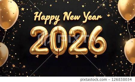 Happy New Year 2026 celebration with golden balloons and confetti backdrop Happy New Year 2026 celebration with golden balloons and confetti backdrop 126838034
