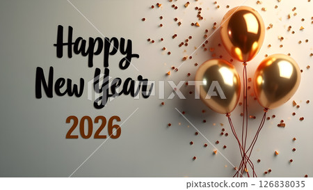 Elegant Happy New Year 2026 Celebration Background with Golden Balloons and Confetti Elegant Happy New Year 2026 Celebration Background with Golden Balloons and Confetti 126838035