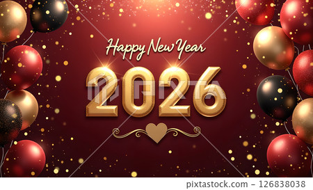 Festive Happy New Year 2026 Celebration with Balloons and Sparkle Background 126838038
