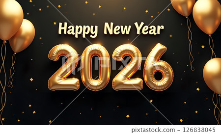 Elegant Happy New Year 2026 Celebration with Golden Balloons and Sparkling Stars 126838045