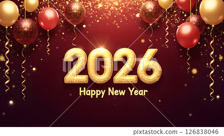 Festive 2026 new year celebration background with sparkling balloons and confetti Festive 2026 new year celebration background with sparkling balloons and confetti 126838046