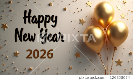 Elegant Happy New Year 2026 Celebration with Golden Balloons and Festive Decor Elegant Happy New Year 2026 Celebration with Golden Balloons and Festive Decor 126838054
