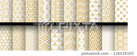 Geometric floral set of seamless patterns. White and golden vector backgrounds. Damask graphic ornaments 126838105