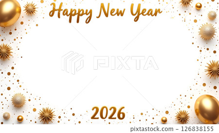 Elegant Golden Happy New Year 2026 Celebration Frame with Sparkling Decorations 126838155