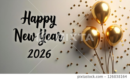 Festive Happy New Year 2026 celebration with golden balloons and confetti Festive Happy New Year 2026 celebration with golden balloons and confetti 126838164