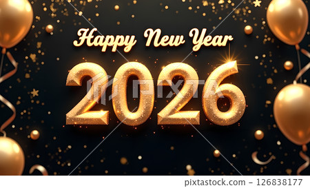 Elegant Happy New Year 2026 Celebration with Golden Balloons and Confetti 126838177